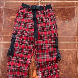 SHEIN tartan print buckle belted cargo pants